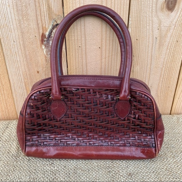 Cute Etienne Aigner Basket Weave Vintage Purse Handbag Burgundy Leather Satchel - Picture 5 of 6